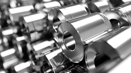 A collection of shiny metallic cylinders showcased in close-up, emphasizing their reflective surfaces and smooth textures. Ideal for industrial and design themes.の素材