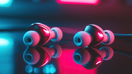 Explore this striking image of stylish earphones showcasing vibrant lights and reflections. Perfect for music and technology enthusiasts alike!の素材