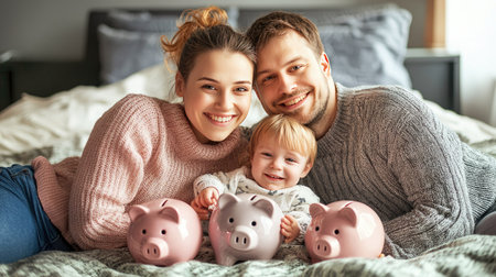 A joyful family smiles while sitting on a cozy bed, surrounded by piggy banks, representing financial security and the importance of saving for the future.の素材