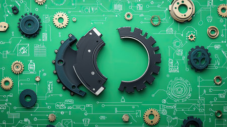 This image features a vibrant green background adorned with mechanical gears and components, showcasing technology and engineering innovation in a visually appealing way.の素材