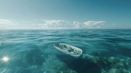 A peaceful seascape featuring a partially submerged boat in clear blue waters, with tranquil reflections and soft clouds in the sky, evoking a sense of calm and exploration.の素材