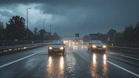 A stormy evening scene captures cars driving on a wet highway under dark clouds, showcasing rain falling heavily and headlights illuminating the road.の素材