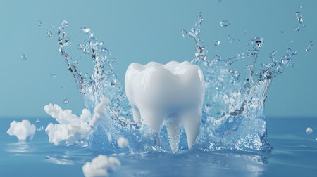 A captivating image of a white tooth creating a splash in clear water, set against a soft blue background, representing dental health and cleanliness.の素材