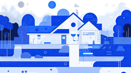 This abstract illustration showcases a modern house nestled in a serene landscape, utilizing a palette of blue tones to evoke tranquility and creativity.の素材