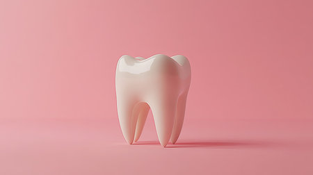A glossy white tooth model sits against a soft pink background, symbolizing dental health. Ideal for concepts related to oral care, hygiene, and wellness.の素材