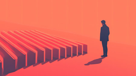 A silhouette of a solitary man in a suit stands before an abstract wave of shapes against a vivid red background, evoking feelings of contemplation and creativity.の素材