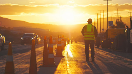 A construction worker stands silhouetted against a vibrant sunset, surrounded by traffic cones on a busy roadway. The scene captures the essence of urban infrastructure work.の素材