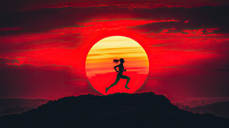 A dynamic silhouette of a runner in motion leaps against a breathtaking sunset, with vibrant colors illuminating the horizon. Perfect for themes of fitness and freedom.の素材