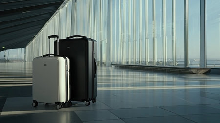 Two sleek suitcases in black and white rest in a bright airport terminal. The minimalist design highlights travel aesthetics, inviting adventure and style.の素材