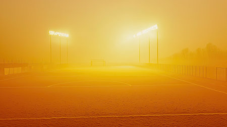 A serene foggy sports field adorned with glowing lights creates an ethereal atmosphere. The mist envelops the scene, providing a tranquil and unique perspective.の素材