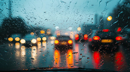 A captivating rainy traffic scene showcasing glowing lights through a wet windshield. The blurred reflections create a moody atmosphere, perfect for urban themes.の素材