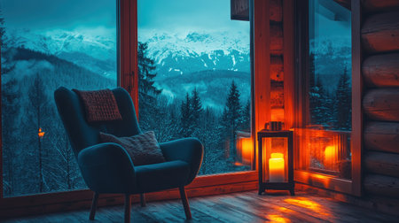 A cozy cabin interior offers a stunning mountain view at dusk, featuring a comfortable chair by a glowing lantern, inviting serenity and warmth in a winter landscape.の素材