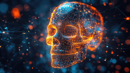 A mesmerizing digital skull rendered with glowing lines and vibrant particles, showcasing a modern and futuristic design. Perfect for tech and abstract themes.の素材