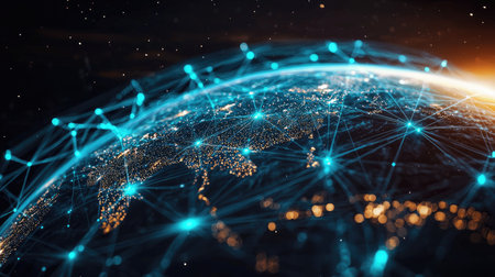 A stunning digital illustration of Earth at night, showcasing vibrant network connections and glowing city lights, emphasizing technology and communication.の素材