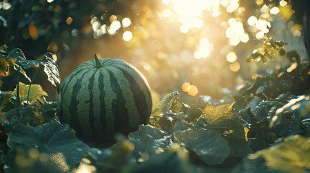 A ripe watermelon rests among lush green leaves, illuminated by soft sunlight. This image captures nature's bounty, perfect for summer-themed projects or agricultural promotions.の素材