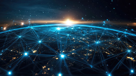 A stunning digital representation of Earth highlighted by glowing connections, showcasing technology and communication across the globe under a starry sky.の素材