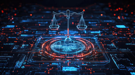Captivating depiction of digital scales of justice symbolizes law and fairness within a futuristic technology environment, illustrating the blend of innovation and ethics.の素材