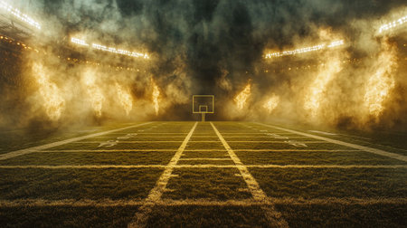 A dramatic football field illuminated by bright stadium lights, enveloped in smoke and flames, creating an intense atmosphere perfect for game day excitement.の素材