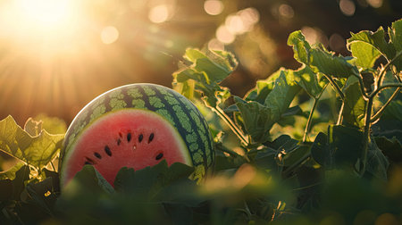 A ripe watermelon rests among vibrant green leaves in a sunlit field. The golden rays of sunlight highlight the natural beauty of harvest time, showcasing fresh produce.の素材