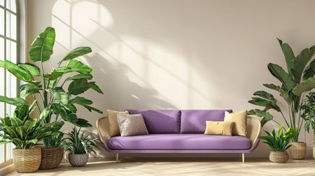 Bright modern living room featuring a purple sofa surrounded by lush green plants, creating a stylish and inviting atmosphere for relaxation and comfort.の素材