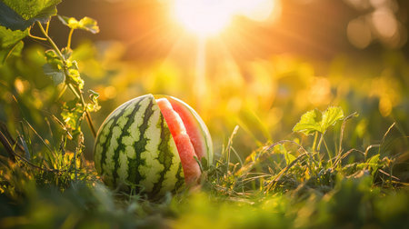 A beautifully sliced watermelon rests amidst lush greenery under the warm rays of sunlight, encapsulating the essence of summer and freshness in nature's bounty.の素材
