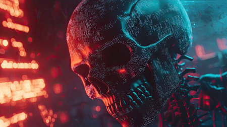 A striking digital skull with glowing neon lights set against a futuristic background, blending technology with artistic expression for a chilling effect.の素材