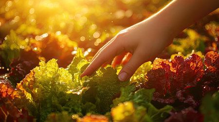 A close-up view of a hand gently touching vibrant green lettuce leaves in a sunlit garden, showcasing the beauty of nature and the harvest season.の素材