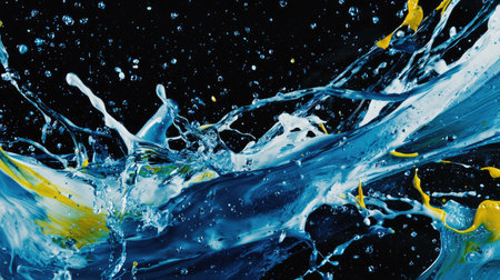 Captivating splash of water mixed with bright yellow paint, creating an artistic display of motion and texture against a dark background. Perfect for creative projects.の素材