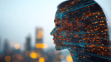 Unique artistic depiction blending human profile with digital elements, symbolizing the connection between technology and humanity. Perfect for modern themes.の素材