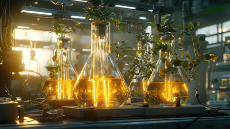 A captivating scene of glass flasks filled with golden liquid and green plants, illuminated by soft sunlight in a laboratory, showcasing scientific experimentation and natural beauty.の素材