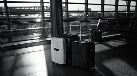 Two stylish pieces of luggage are positioned in an airport terminal, casting shadows as sunlight streams through large windows, creating a contrast of light and dark.の素材