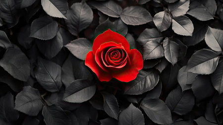 A striking red rose stands out against dark black leaves, showcasing nature's beauty. This image captures elegance and vibrancy, ideal for romantic themes.の素材