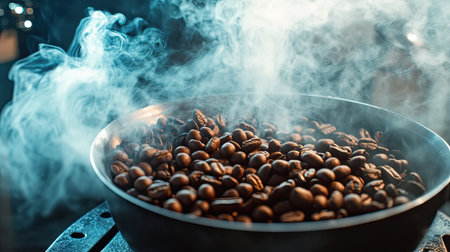 A close-up shot of freshly roasted coffee beans in a bowl, surrounded by aromatic steam. The rich, dark beans showcase the roasting process, capturing the essence of vibrant coffee culture.の素材