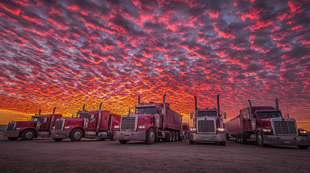 A stunning sunset scene showcasing a lineup of trucks against a vibrant, colorful sky filled with dramatic clouds. Perfect for showcasing transportation and industry themes.の素材