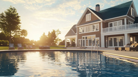 Modern villa features a stunning swimming pool, surrounded by lush greenery and captures a beautiful sunset. Perfect for showcasing luxury outdoor living.の素材