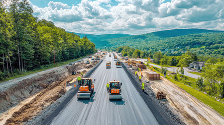 A vibrant road construction scene featuring heavy machinery and workers actively laying asphalt on a highway under a clear sky, showcasing teamwork and progress.の素材