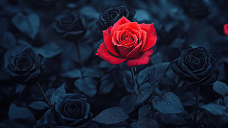 A stunning red rose stands out against a backdrop of dark roses, showcasing striking contrast and beauty. Perfect for themes of love, elegance, and nature.の素材