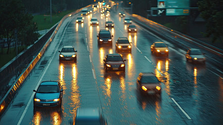 Captivating scene of rainy evening traffic in a city. Cars navigate the slick road, creating mesmerizing reflections on the pavement illuminated by headlights.の素材