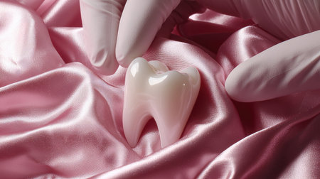 A realistic dental model of a tooth placed delicately on soft pink silk fabric. The image emphasizes the importance of dental health and education in the field of dentistry.の素材