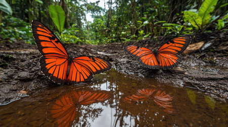 Two vibrant orange butterflies rest beside a clear water puddle, creating striking reflections in a lush forest setting. This serene scene captures the beauty of nature.の素材