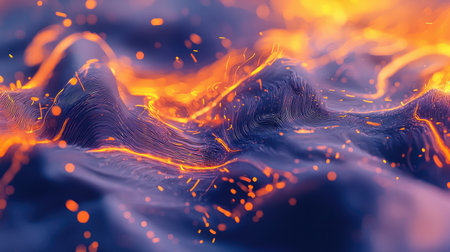 Captivating fiery abstract landscape depicting swirling lava flows and glowing particles. Perfect for backgrounds, designs, or inspiring visual projects.の素材