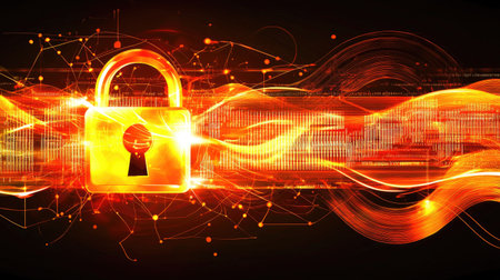 A vibrant illustration of a secure lock symbolizing digital safety. The abstract background showcases glowing lights and waves, representing technology and data protection.の素材