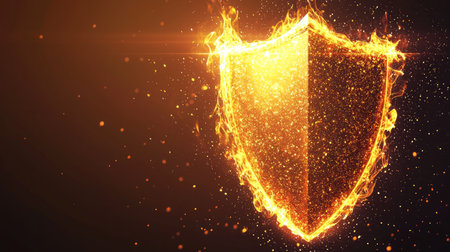 A stunning fiery shield icon radiates warmth and protection, with sparkling elements against a dark background, perfect for design projects and concept visuals.の素材