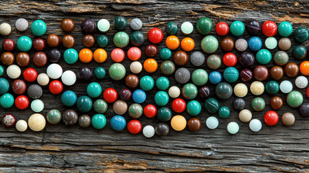 A vibrant assortment of round decorative beads rests on a rustic wooden surface. The colorful array showcases various textures and styles, ideal for craft enthusiasts.の素材