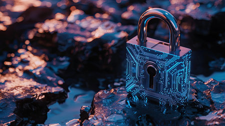 A modern padlock with a circuit design rests on a rocky surface at dusk. This image combines technology and nature, showcasing themes of security and innovation.の素材