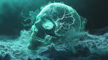 This captivating artwork features an ethereal skull surrounded by electric energy and mist, creating a mysterious and surreal atmosphere. Perfect for horror and fantasy themes.の素材