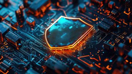 A close-up view of a circuit board featuring a glowing shield icon, symbolizing cyber security and data protection in a modern digital landscape.の素材