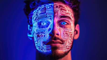A striking portrait of a human face illuminated by neon lights, featuring a digital circuit pattern across the skin. The vivid colors create a futuristic aesthetic.の素材