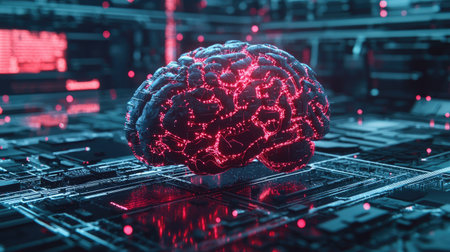 A stunning visual of a digital brain resting on a circuit board, with vibrant neon lights. This artwork symbolizes the fusion of technology and intelligence, a glimpse into the future.の素材