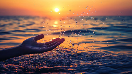 A serene image of a hand reaching out to catch sparkling water droplets as the sun sets. The colorful sky reflects on gentle waves, evoking tranquility and connection with nature.の素材